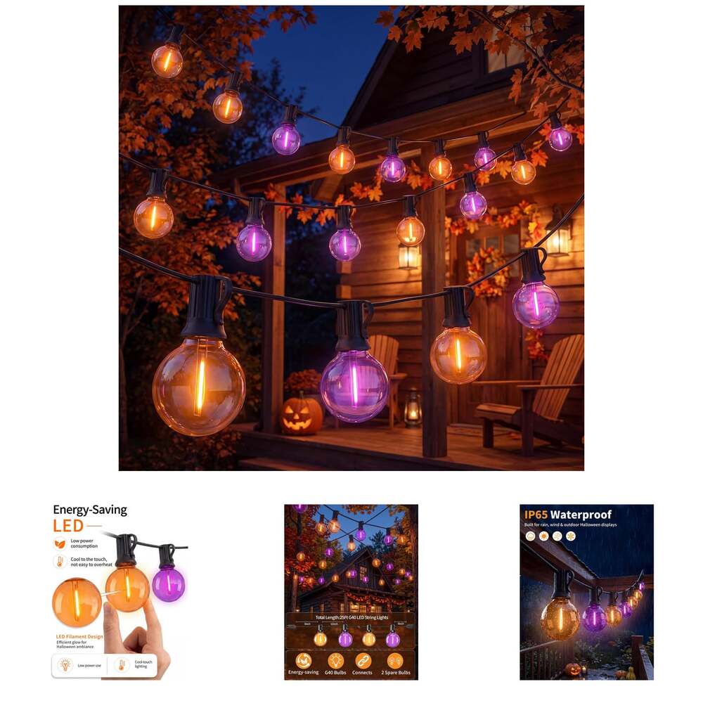 Halloween LED String Lights G40 Orange Purple Outdoor 25Ft Connectable Patio